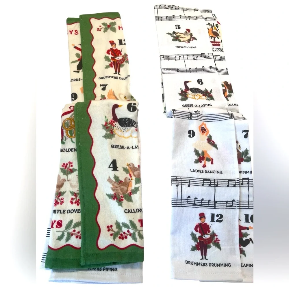 Two Sets of Christmas Themed Kitchen Towels Featuring 12 Days of Xmas.  New